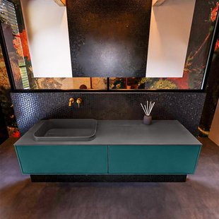 Badkamermeubelset Mondiaz Erin 150 cm met 2 Lades met RIDGE Wastafel Links Dark grey Zonder Kraangaten Greeploos Mat Smag