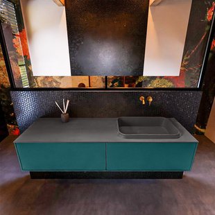 Badkamermeubelset Mondiaz Erin 150 cm met 2 Lades met RIDGE Wastafel Rechts Dark grey Zonder Kraangaten Greeploos Mat Smag