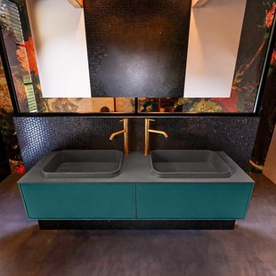 Badkamermeubelset Mondiaz Erin 150 cm met 2 Lades met RIDGE Wastafel Dubbel Dark grey met 2 kraangaten Greeploos Mat Smag