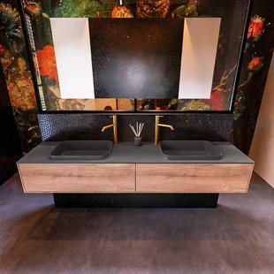 Badkamermeubelset Mondiaz Erin 200 cm met 2 Lades met RIDGE Wastafel Dubbel Dark grey met 2 kraangaten Greeploos Mat Washed Oak