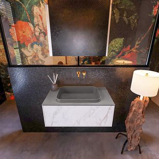 Badkamermeubelset Mondiaz Erin 80 cm met 1 Lade met RIDGE Wastafel Midden Dark grey Zonder Kraangaten Greeploos Mat Carrara
