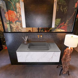 Badkamermeubelset Mondiaz Erin 100 cm met 1 Lade met RIDGE Wastafel Midden Dark grey Zonder Kraangaten Greeploos Mat Carrara