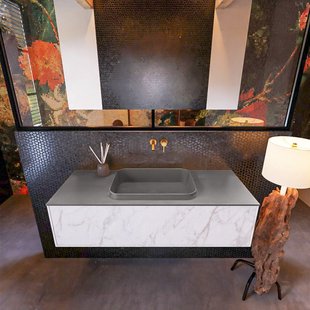 Badkamermeubelset Mondiaz Erin 120 cm met 1 Lade met RIDGE Wastafel Midden Dark grey Zonder Kraangaten Greeploos Mat Carrara