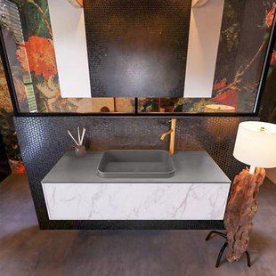 Badkamermeubelset Mondiaz Erin 120 cm met 1 Lade met RIDGE Wastafel Midden Dark grey met 1 kraangat Greeploos Mat Carrara