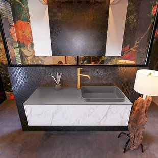Badkamermeubelset Mondiaz Erin 120 cm met 1 Lade met RIDGE Wastafel Rechts Dark grey met 1 kraangat Greeploos Mat Carrara