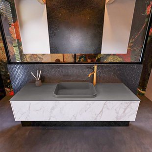 Badkamermeubelset Mondiaz Erin 150 cm met 1 Lade met RIDGE Wastafel Midden Dark grey met 1 kraangat Greeploos Mat Carrara