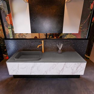 Badkamermeubelset Mondiaz Erin 150 cm met 1 Lade met RIDGE Wastafel Links Dark grey met 1 kraangat Greeploos Mat Carrara