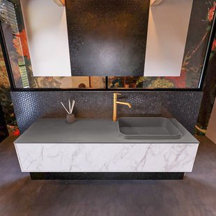 Badkamermeubelset Mondiaz Erin 150 cm met 1 Lade met RIDGE Wastafel Rechts Dark grey met 1 kraangat Greeploos Mat Carrara