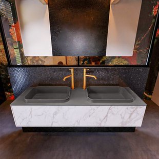 Badkamermeubelset Mondiaz Erin 150 cm met 1 Lade met RIDGE Wastafel Dubbel Dark grey met 2 kraangaten Greeploos Mat Carrara