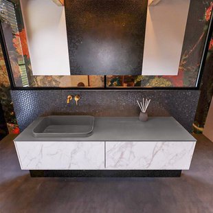 Badkamermeubelset Mondiaz Erin 150 cm met 2 Lades met RIDGE Wastafel Links Dark grey Zonder Kraangaten Greeploos Mat Carrara
