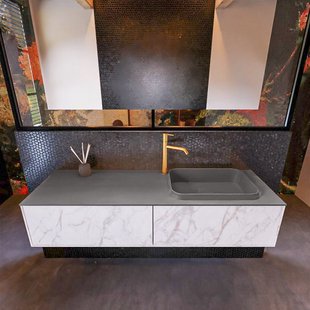 Badkamermeubelset Mondiaz Erin 150 cm met 2 Lades met RIDGE Wastafel Rechts Dark grey met 1 kraangat Greeploos Mat Carrara