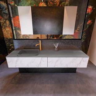 Badkamermeubelset Mondiaz Erin 200 cm met 2 Lades met RIDGE Wastafel Links Dark grey met 1 kraangat Greeploos Mat Carrara