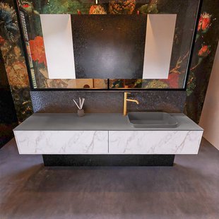 Badkamermeubelset Mondiaz Erin 200 cm met 2 Lades met RIDGE Wastafel Rechts Dark grey met 1 kraangat Greeploos Mat Carrara