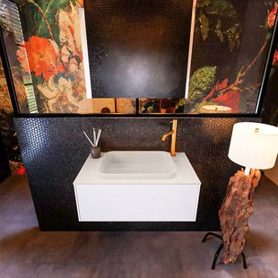 Badkamermeubelset Mondiaz Erin 80 cm met 1 Lade met RIDGE Wastafel Midden Linen met 1 kraangat Greeploos Mat Talc