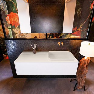 Badkamermeubelset Mondiaz Erin 120 cm met 1 Lade met RIDGE Wastafel Rechts Linen Zonder Kraangaten Greeploos Mat Talc