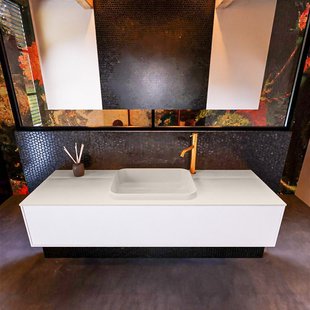 Badkamermeubelset Mondiaz Erin 150 cm met 1 Lade met RIDGE Wastafel Midden Linen met 1 kraangat Greeploos Mat Talc