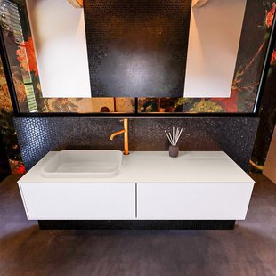 Badkamermeubelset Mondiaz Erin 150 cm met 2 Lades met RIDGE Wastafel Links Linen met 1 kraangat Greeploos Mat Talc