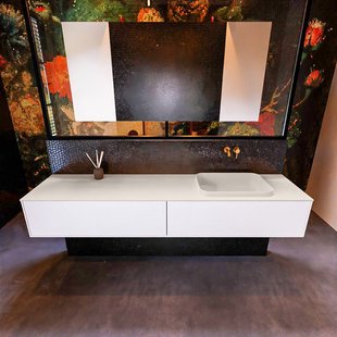 Badkamermeubelset Mondiaz Erin 200 cm met 2 Lades met RIDGE Wastafel Rechts Linen Zonder Kraangaten Greeploos Mat Talc