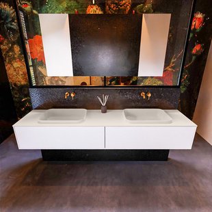 Badkamermeubelset Mondiaz Erin 200 cm met 2 Lades met RIDGE Wastafel Dubbel Linen Zonder Kraangaten Greeploos Mat Talc