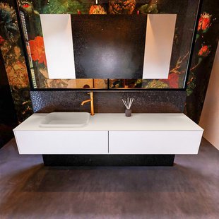 Badkamermeubelset Mondiaz Erin 200 cm met 2 Lades met RIDGE Wastafel Links Linen met 1 kraangat Greeploos Mat Talc