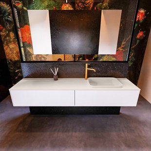 Badkamermeubelset Mondiaz Erin 200 cm met 2 Lades met RIDGE Wastafel Rechts Linen met 1 kraangat Greeploos Mat Talc