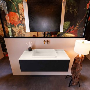 Badkamermeubelset Mondiaz Erin 100 cm met 1 Lade met RIDGE Wastafel Midden Linen Zonder Kraangaten Greeploos Mat Urban