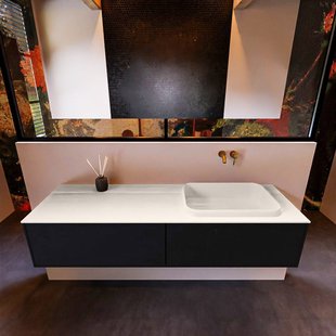 Badkamermeubelset Mondiaz Erin 150 cm met 2 Lades met RIDGE Wastafel Rechts Linen Zonder Kraangaten Greeploos Mat Urban