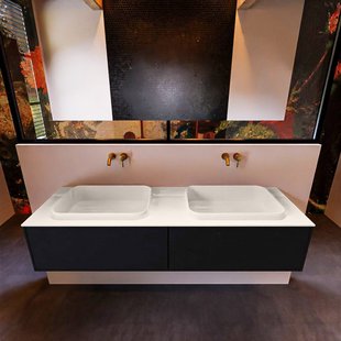 Badkamermeubelset Mondiaz Erin 150 cm met 2 Lades met RIDGE Wastafel Dubbel Linen Zonder Kraangaten Greeploos Mat Urban