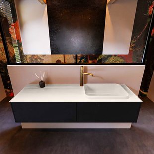 Badkamermeubelset Mondiaz Erin 150 cm met 2 Lades met RIDGE Wastafel Rechts Linen met 1 kraangat Greeploos Mat Urban