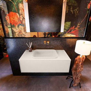 Badkamermeubelset Mondiaz Erin 100 cm met 1 Lade met RIDGE Wastafel Midden Linen Zonder Kraangaten Greeploos Mat Linen