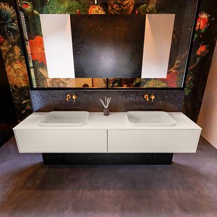 Badkamermeubelset Mondiaz Erin 200 cm met 2 Lades met RIDGE Wastafel Dubbel Linen Zonder Kraangaten Greeploos Mat Linen