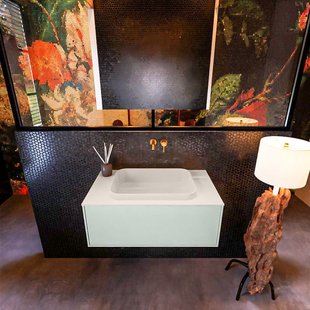 Badkamermeubelset Mondiaz Erin 80 cm met 1 Lade met RIDGE Wastafel Midden Linen Zonder Kraangaten Greeploos Mat Greey