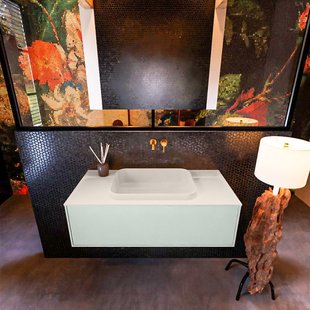 Badkamermeubelset Mondiaz Erin 100 cm met 1 Lade met RIDGE Wastafel Midden Linen Zonder Kraangaten Greeploos Mat Greey