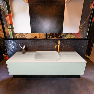 Badkamermeubelset Mondiaz Erin 150 cm met 1 Lade met RIDGE Wastafel Midden Linen met 1 kraangat Greeploos Mat Greey