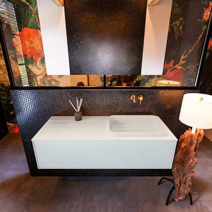 Badkamermeubelset Mondiaz Erin 120 cm met 1 Lade met RIDGE Wastafel Rechts Linen Zonder Kraangaten Greeploos Mat Clay