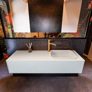 Badkamermeubelset Mondiaz Erin 150 cm met 1 Lade met RIDGE Wastafel Rechts Linen met 1 kraangat Greeploos Mat Clay