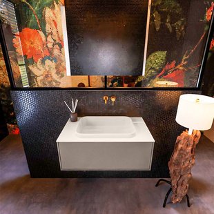 Badkamermeubelset Mondiaz Erin 80 cm met 1 Lade met RIDGE Wastafel Midden Linen Zonder Kraangaten Greeploos Mat Smoke