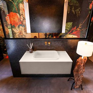 Badkamermeubelset Mondiaz Erin 100 cm met 1 Lade met RIDGE Wastafel Midden Linen Zonder Kraangaten Greeploos Mat Smoke