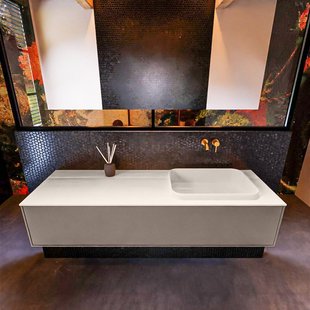 Badkamermeubelset Mondiaz Erin 150 cm met 1 Lade met RIDGE Wastafel Rechts Linen Zonder Kraangaten Greeploos Mat Smoke