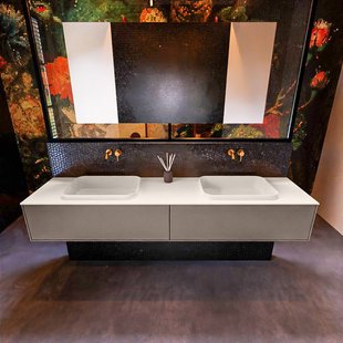 Badkamermeubelset Mondiaz Erin 200 cm met 2 Lades met RIDGE Wastafel Dubbel Linen Zonder Kraangaten Greeploos Mat Smoke