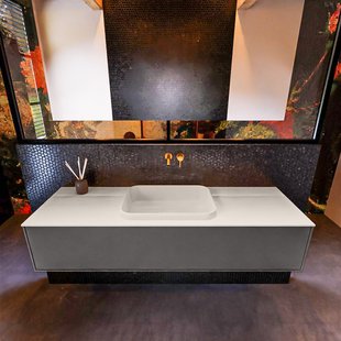 Badkamermeubelset Mondiaz Erin 150 cm met 1 Lade met RIDGE Wastafel Midden Linen Zonder Kraangaten Greeploos Mat Dark Grey