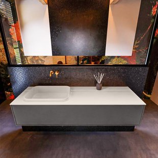 Badkamermeubelset Mondiaz Erin 150 cm met 1 Lade met RIDGE Wastafel Links Linen Zonder Kraangaten Greeploos Mat Dark Grey