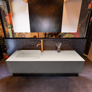 Badkamermeubelset Mondiaz Erin 150 cm met 1 Lade met RIDGE Wastafel Links Linen met 1 kraangat Greeploos Mat Dark Grey