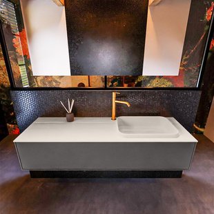 Badkamermeubelset Mondiaz Erin 150 cm met 1 Lade met RIDGE Wastafel Rechts Linen met 1 kraangat Greeploos Mat Dark Grey