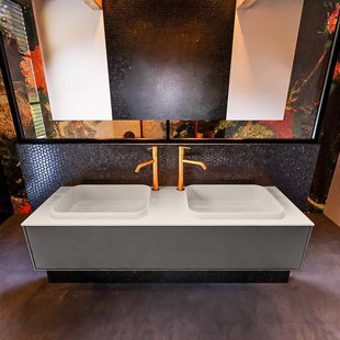 Badkamermeubelset Mondiaz Erin 150 cm met 1 Lade met RIDGE Wastafel Dubbel Linen met 2 kraangaten Greeploos Mat Dark Grey