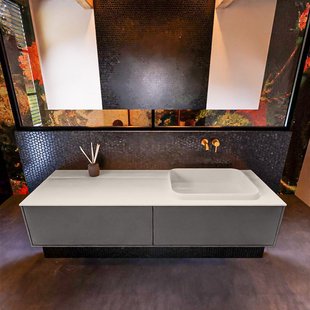 Badkamermeubelset Mondiaz Erin 150 cm met 2 Lades met RIDGE Wastafel Rechts Linen Zonder Kraangaten Greeploos Mat Dark Grey