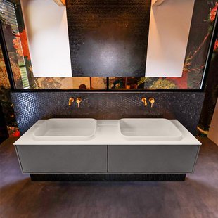 Badkamermeubelset Mondiaz Erin 150 cm met 2 Lades met RIDGE Wastafel Dubbel Linen Zonder Kraangaten Greeploos Mat Dark Grey