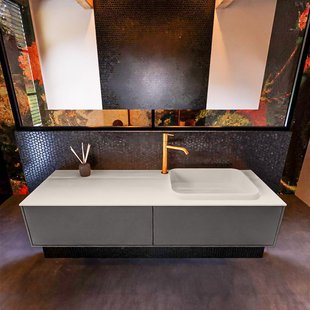 Badkamermeubelset Mondiaz Erin 150 cm met 2 Lades met RIDGE Wastafel Rechts Linen met 1 kraangat Greeploos Mat Dark Grey