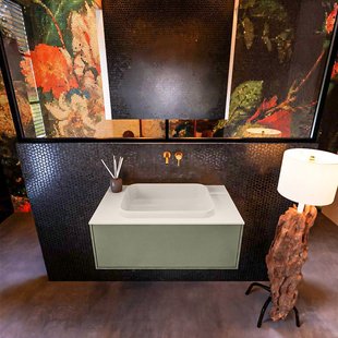 Badkamermeubelset Mondiaz Erin 80 cm met 1 Lade met RIDGE Wastafel Midden Linen Zonder Kraangaten Greeploos Mat Army