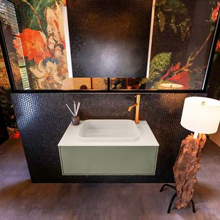 Badkamermeubelset Mondiaz Erin 80 cm met 1 Lade met RIDGE Wastafel Midden Linen met 1 kraangat Greeploos Mat Army